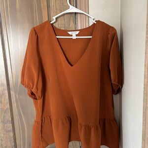 Nine West Brown and Orange Puff Sleeve Peplum Blouse